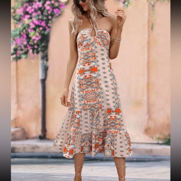 Boho Paisley Floral Print Tie Backless Ruched Bust Ruffle Hem Halter Dress - Picture 2 of 7